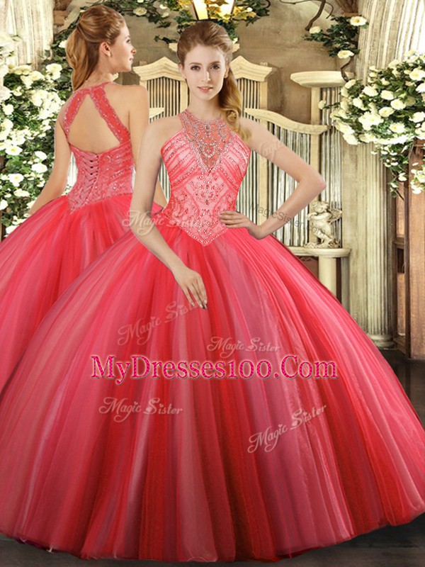 Fantastic Coral Red Sleeveless Tulle Lace Up Vestidos de Quinceanera for Military Ball and Sweet 16 and Quinceanera