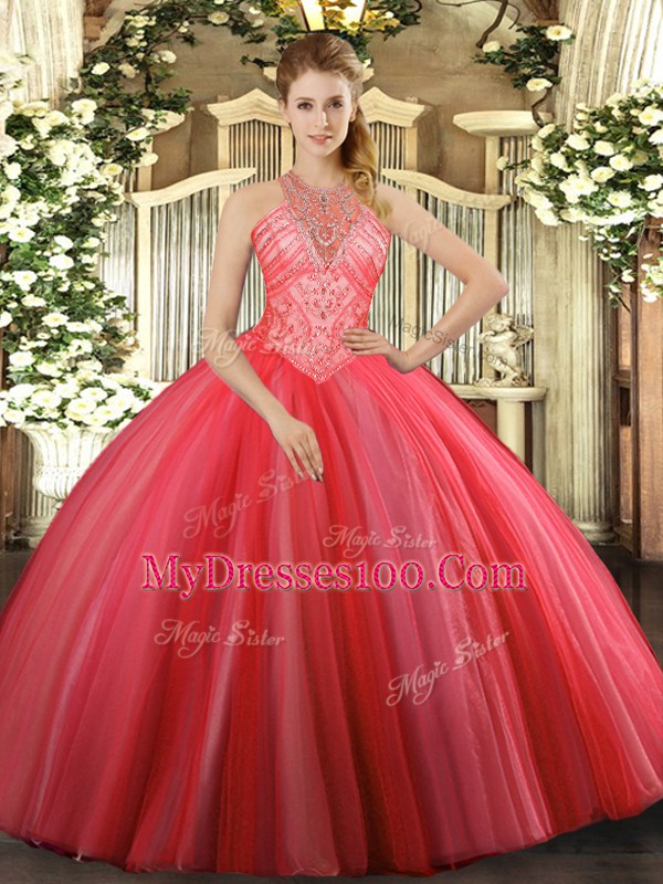 Fantastic Coral Red Sleeveless Tulle Lace Up Vestidos de Quinceanera for Military Ball and Sweet 16 and Quinceanera