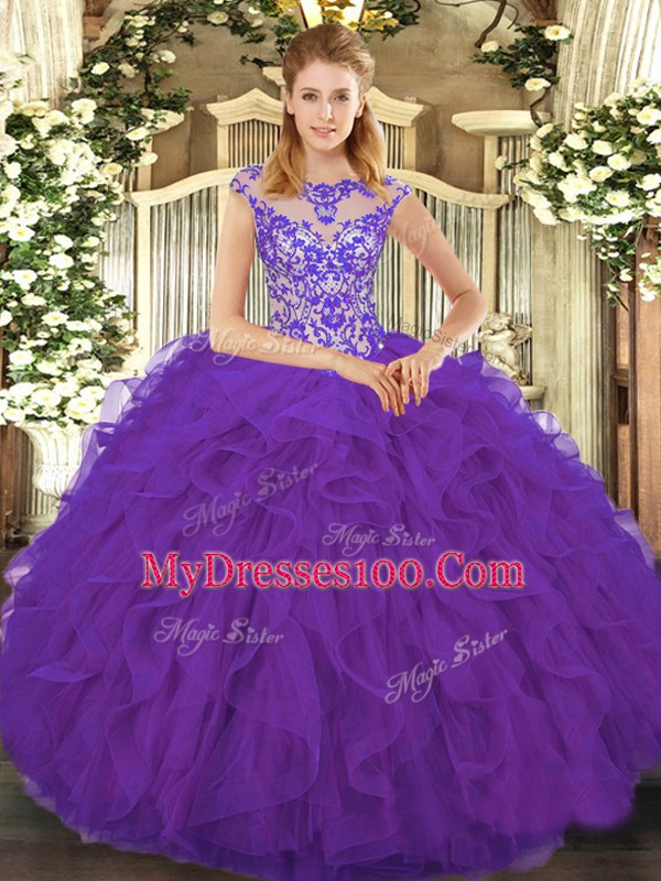 Eggplant Purple Ball Gowns Beading and Ruffles Quinceanera Dresses Lace Up Organza Cap Sleeves Floor Length