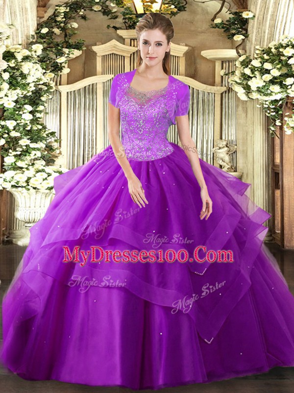 Eggplant Purple Tulle Clasp Handle 15th Birthday Dress Sleeveless Floor Length Beading and Ruffles