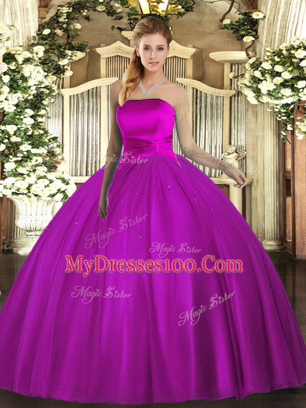 Cheap Sleeveless Floor Length Ruching Lace Up Quinceanera Gown with Fuchsia