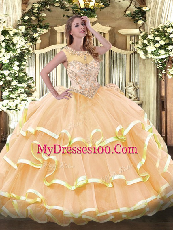 Hot Sale Peach Sleeveless Organza Zipper 15 Quinceanera Dress for Prom and Sweet 16 and Quinceanera