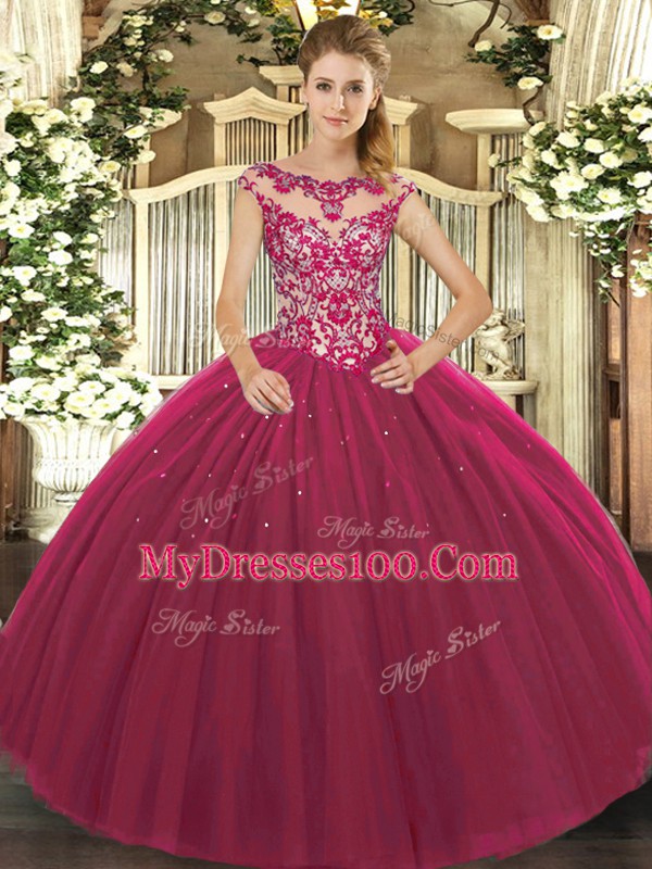 Fuchsia Lace Up Scoop Beading and Appliques Sweet 16 Quinceanera Dress Tulle Cap Sleeves