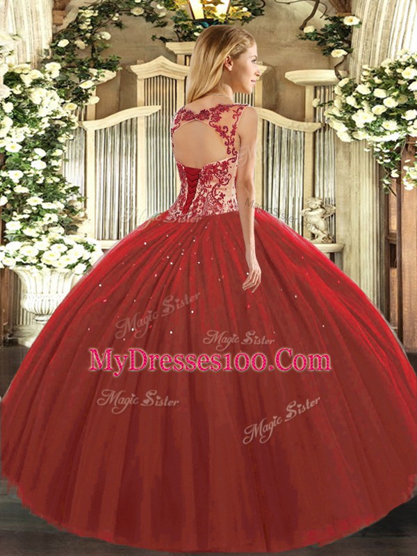 Fuchsia Lace Up Scoop Beading and Appliques Sweet 16 Quinceanera Dress Tulle Cap Sleeves