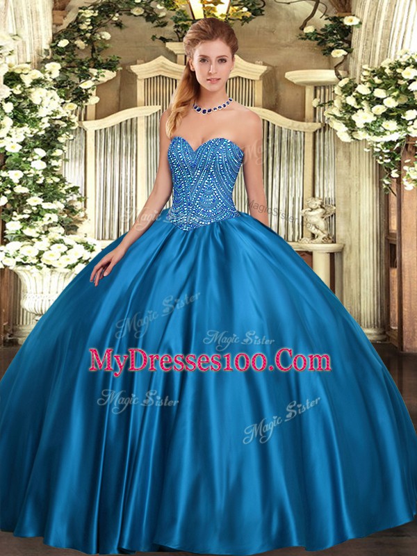 Blue Satin Lace Up Quinceanera Gowns Sleeveless Floor Length Beading