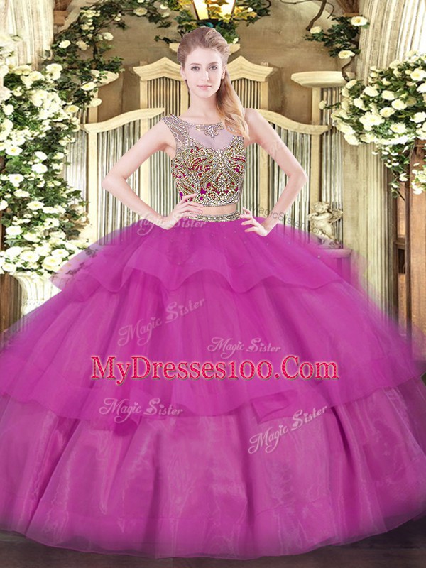 Fuchsia Sleeveless Tulle Lace Up Quince Ball Gowns for Military Ball and Sweet 16 and Quinceanera