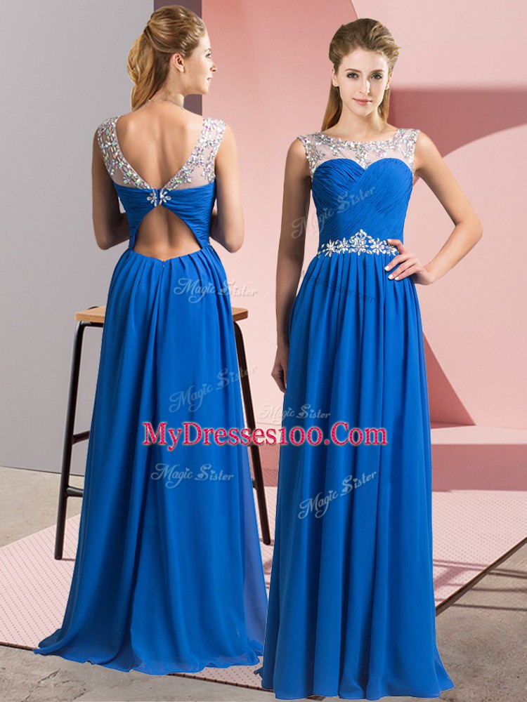High End Blue Clasp Handle Scoop Beading Prom Party Dress Chiffon Sleeveless