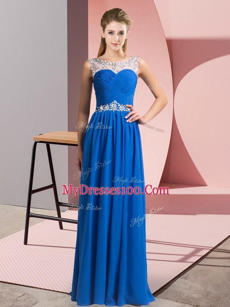 High End Blue Clasp Handle Scoop Beading Prom Party Dress Chiffon Sleeveless