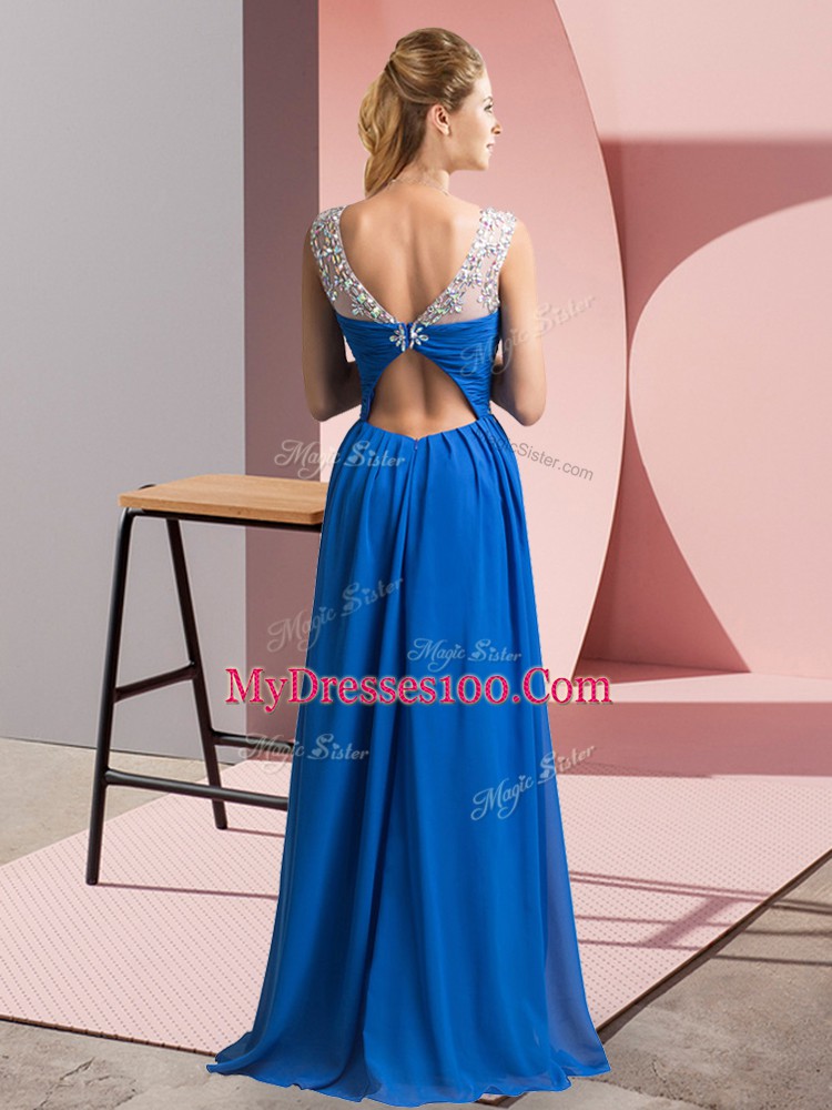 High End Blue Clasp Handle Scoop Beading Prom Party Dress Chiffon Sleeveless