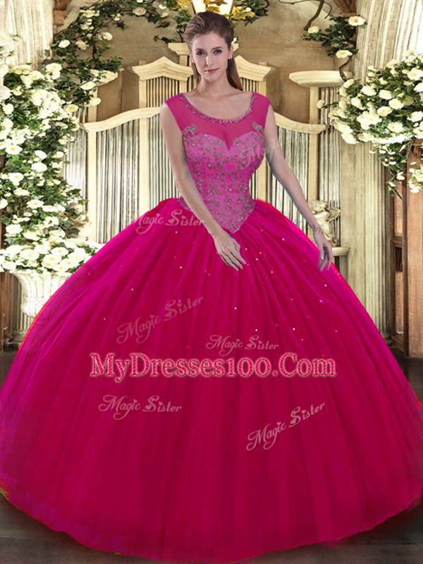 Classical Hot Pink Ball Gowns Scoop Sleeveless Tulle Floor Length Backless Beading Sweet 16 Quinceanera Dress