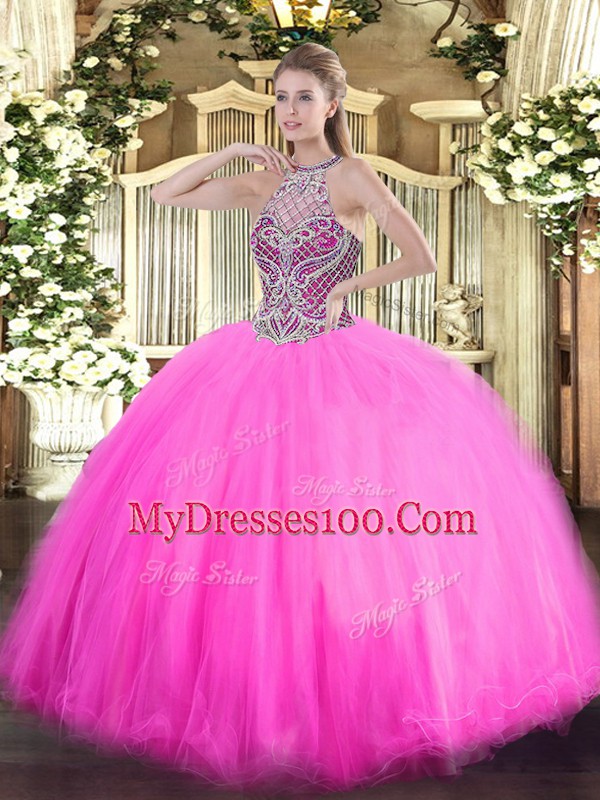 Rose Pink Halter Top Neckline Beading Vestidos de Quinceanera Sleeveless Lace Up