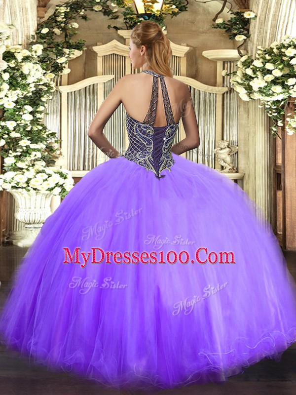 Rose Pink Halter Top Neckline Beading Vestidos de Quinceanera Sleeveless Lace Up