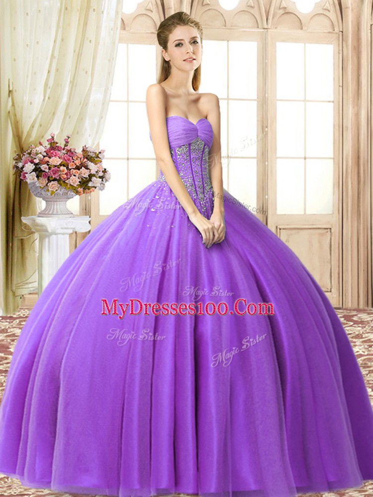 Fantastic Eggplant Purple Ball Gowns Sweetheart Sleeveless Tulle Floor Length Lace Up Beading Quince Ball Gowns