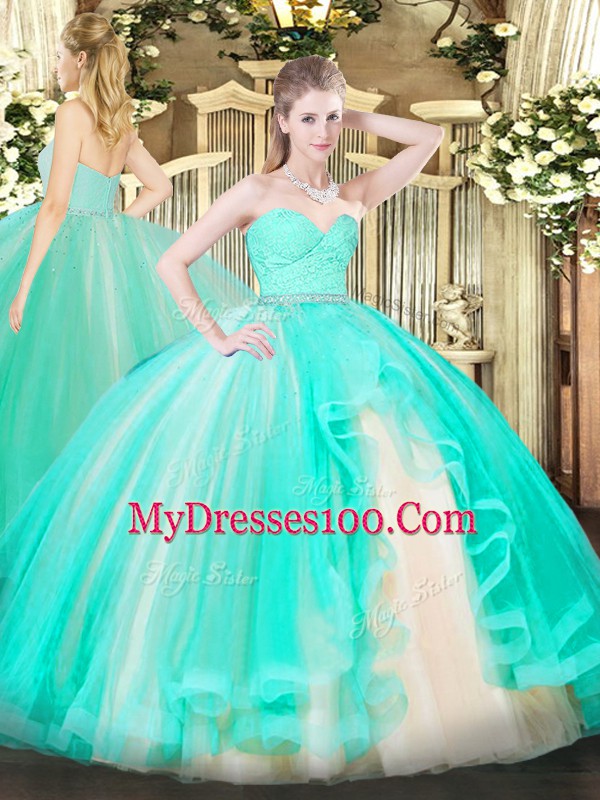 Floor Length Zipper Ball Gown Prom Dress Apple Green for Military Ball and Sweet 16 and Quinceanera with Beading and Lace and Ruffles