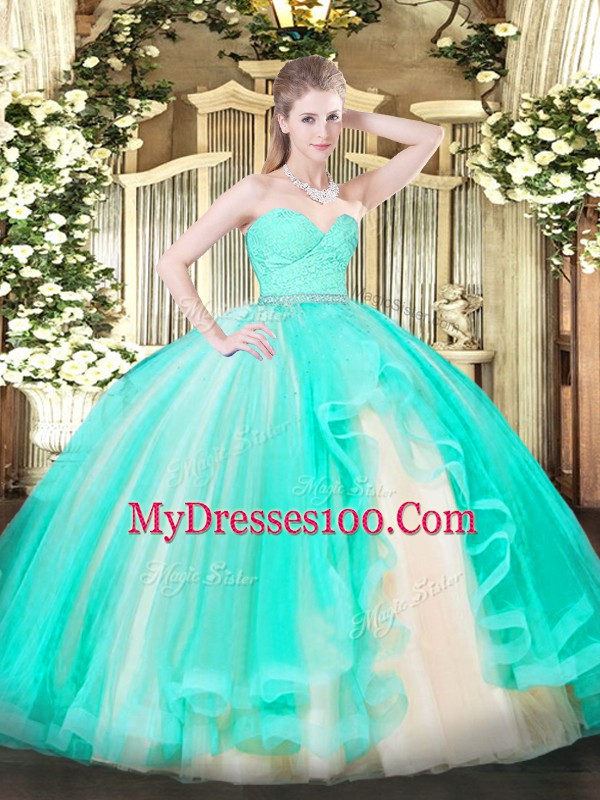 Floor Length Zipper Ball Gown Prom Dress Apple Green for Military Ball and Sweet 16 and Quinceanera with Beading and Lace and Ruffles