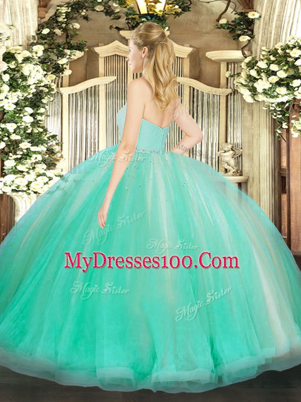 Floor Length Zipper Ball Gown Prom Dress Apple Green for Military Ball and Sweet 16 and Quinceanera with Beading and Lace and Ruffles