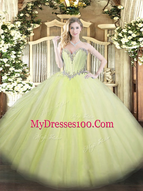 Wonderful Yellow Green Tulle Lace Up Sweetheart Sleeveless Floor Length Quinceanera Gown Beading
