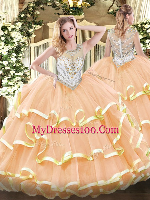 Dramatic Peach Zipper Scoop Beading and Ruffled Layers 15 Quinceanera Dress Organza Sleeveless
