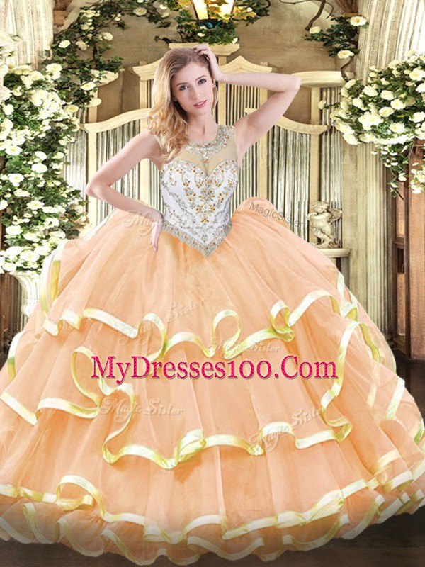 Dramatic Peach Zipper Scoop Beading and Ruffled Layers 15 Quinceanera Dress Organza Sleeveless