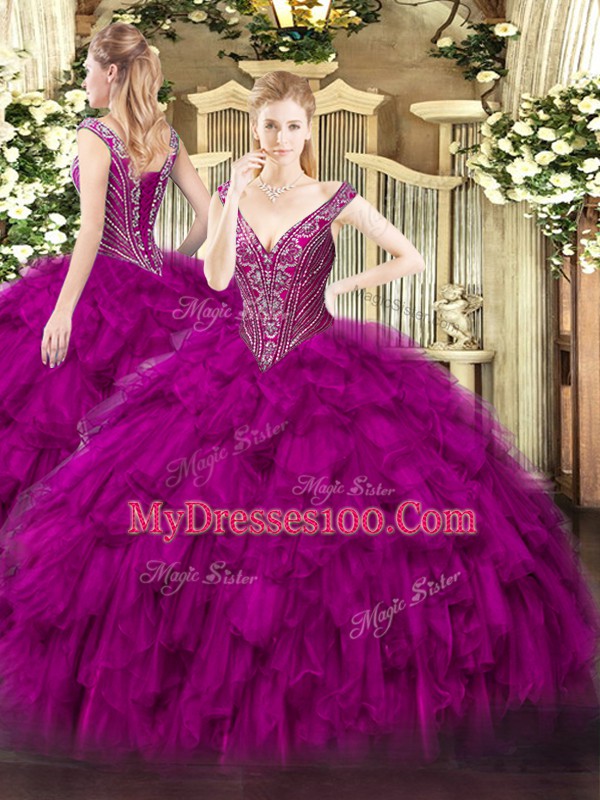 Gorgeous Fuchsia Organza Lace Up V-neck Sleeveless Floor Length 15th Birthday Dress Beading and Ruffles
