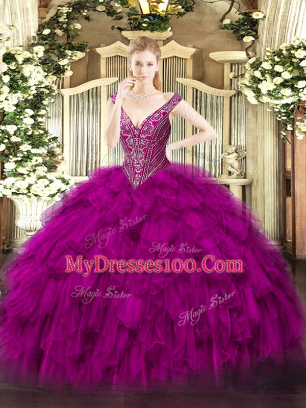 Gorgeous Fuchsia Organza Lace Up V-neck Sleeveless Floor Length 15th Birthday Dress Beading and Ruffles