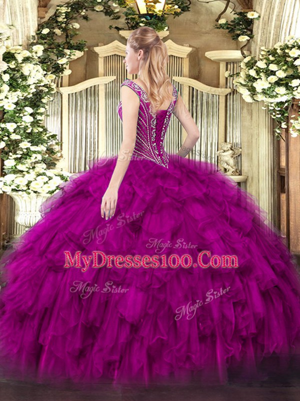 Gorgeous Fuchsia Organza Lace Up V-neck Sleeveless Floor Length 15th Birthday Dress Beading and Ruffles