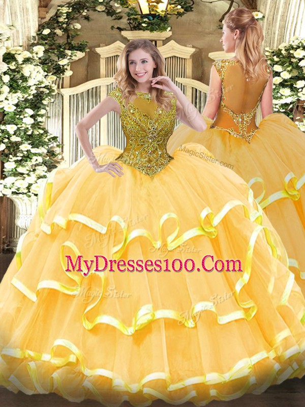 Decent Cap Sleeves Beading and Ruffled Layers Zipper 15th Birthday Dress