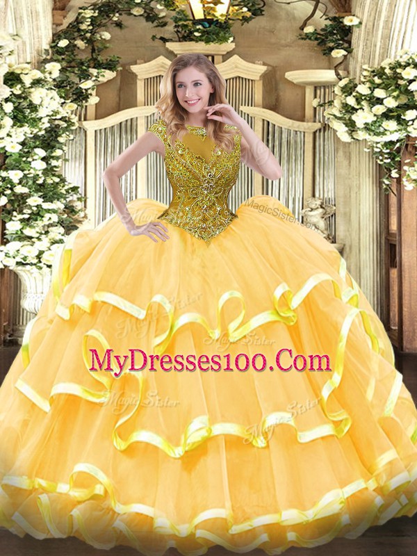 Decent Cap Sleeves Beading and Ruffled Layers Zipper 15th Birthday Dress