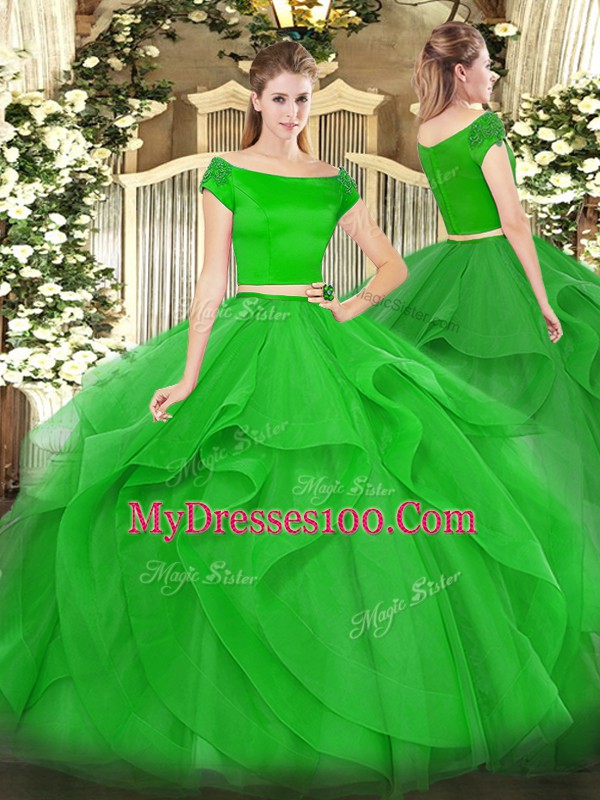 Pretty Green Zipper Off The Shoulder Appliques and Ruffles Sweet 16 Dress Tulle Short Sleeves