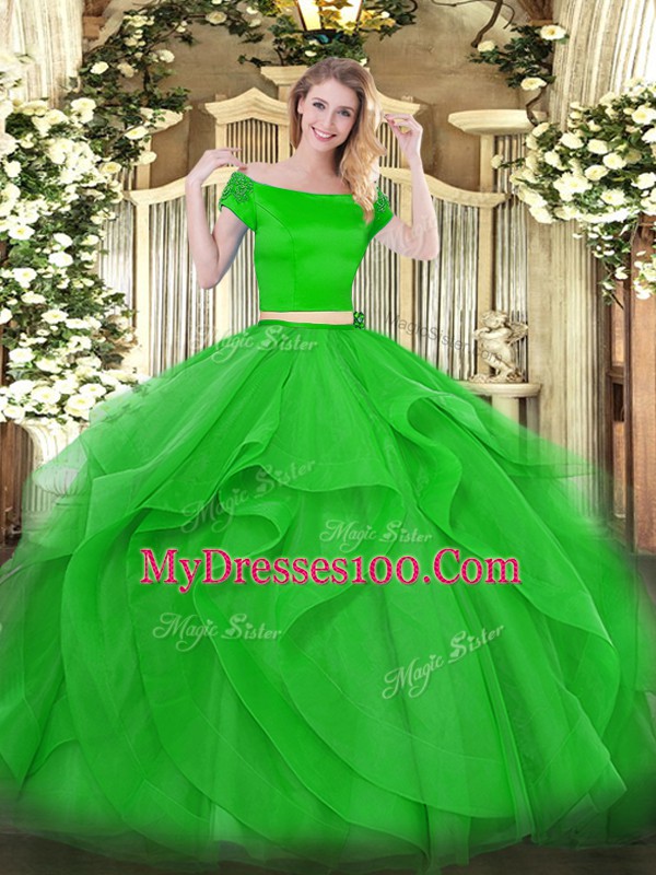 Pretty Green Zipper Off The Shoulder Appliques and Ruffles Sweet 16 Dress Tulle Short Sleeves