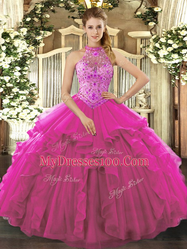 Floor Length Fuchsia Quinceanera Gown Halter Top Sleeveless Lace Up