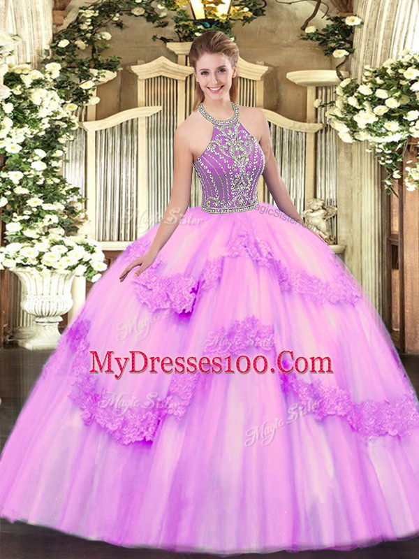 Romantic Lilac Lace Up Quince Ball Gowns Beading and Appliques Sleeveless Floor Length