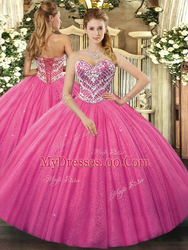 Hot Pink Sweetheart Neckline Beading Quinceanera Dress Sleeveless Lace Up
