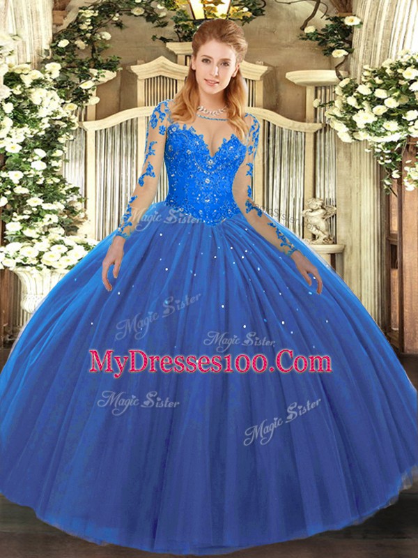 Luxurious Blue Ball Gowns Tulle Scoop Long Sleeves Lace Floor Length Lace Up Sweet 16 Dresses