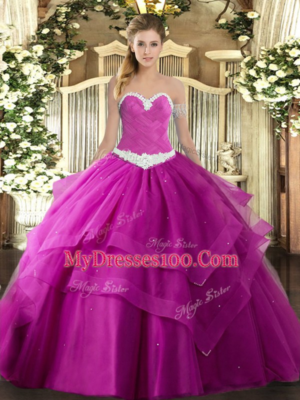 Fuchsia Ball Gowns Sweetheart Sleeveless Tulle Floor Length Lace Up Appliques and Ruffled Layers 15th Birthday Dress