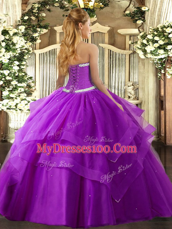 Fuchsia Ball Gowns Sweetheart Sleeveless Tulle Floor Length Lace Up Appliques and Ruffled Layers 15th Birthday Dress