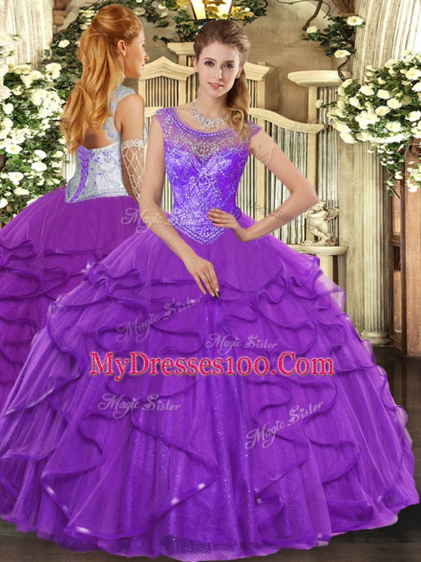 Suitable Purple Ball Gowns Tulle Scoop Sleeveless Beading and Ruffles Floor Length Lace Up Quince Ball Gowns