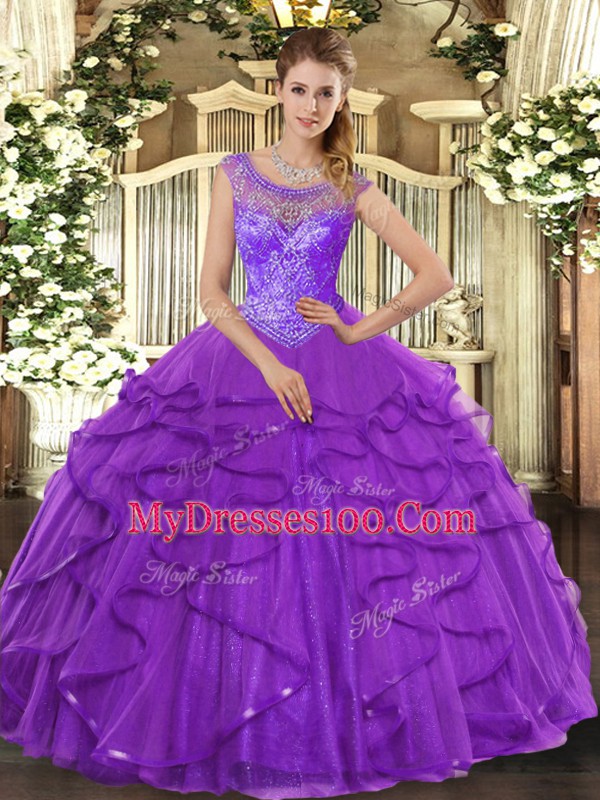 Suitable Purple Ball Gowns Tulle Scoop Sleeveless Beading and Ruffles Floor Length Lace Up Quince Ball Gowns