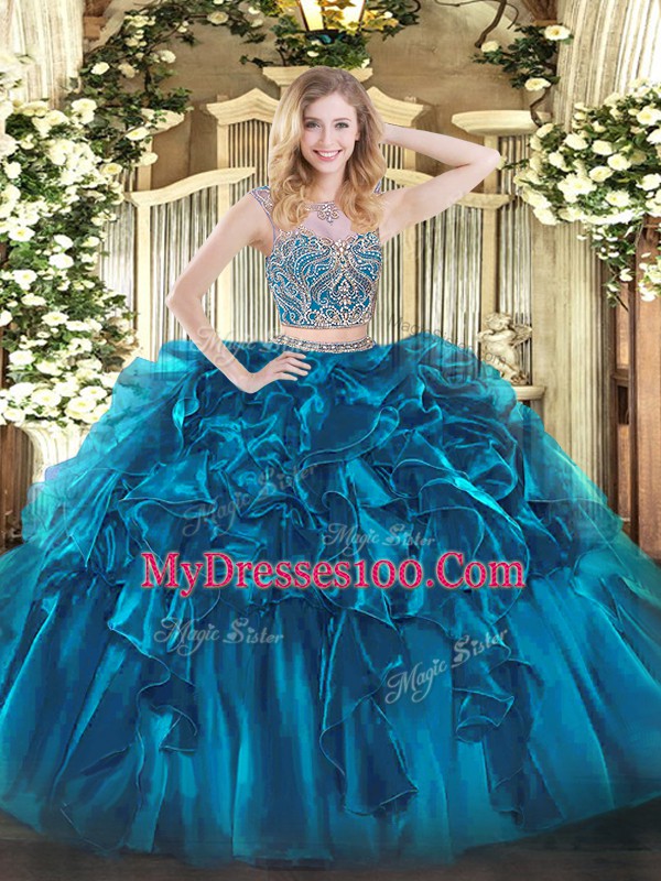 Customized Blue Two Pieces Scoop Sleeveless Organza Floor Length Lace Up Beading and Ruffles Quince Ball Gowns