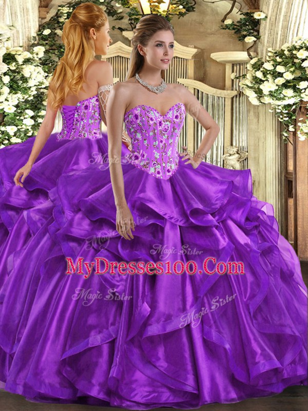 Fine Ball Gowns Quinceanera Gowns Eggplant Purple Sweetheart Organza Sleeveless Floor Length Lace Up
