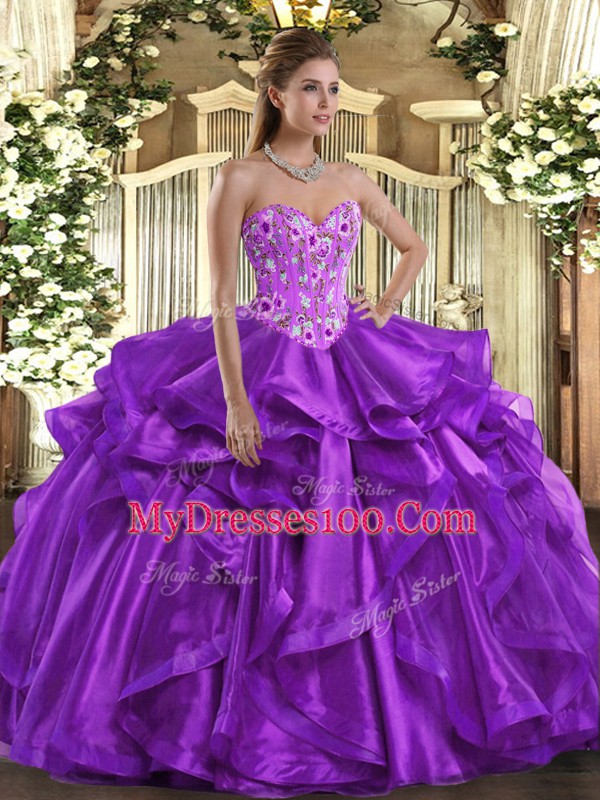 Fine Ball Gowns Quinceanera Gowns Eggplant Purple Sweetheart Organza Sleeveless Floor Length Lace Up