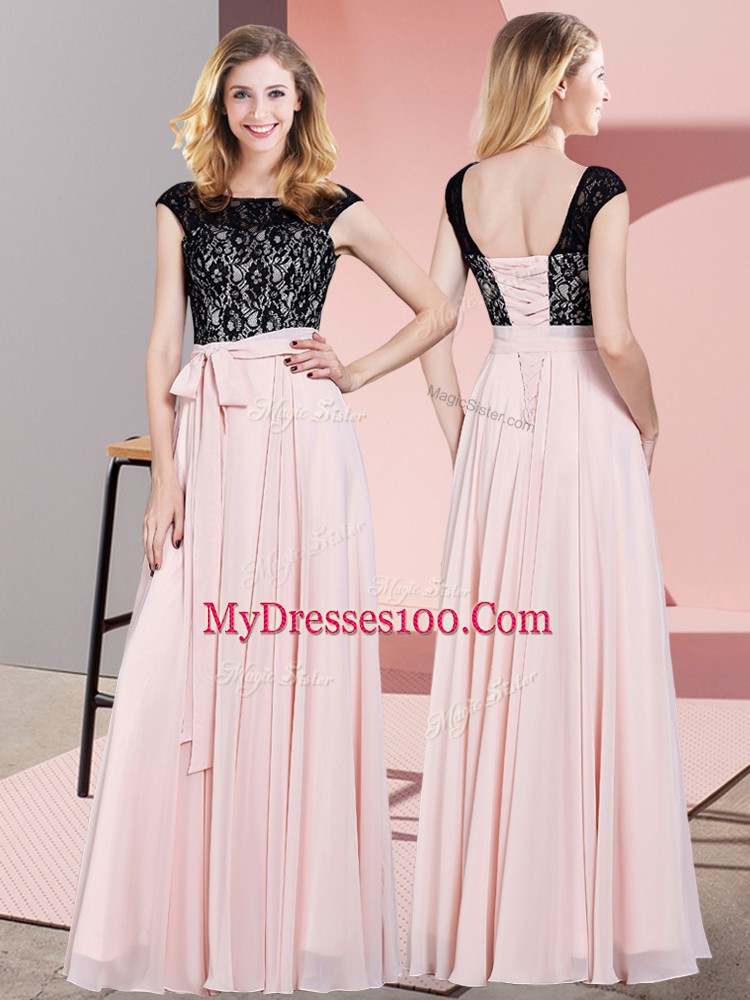 Comfortable Scoop Sleeveless Lace Up Prom Party Dress Baby Pink Chiffon