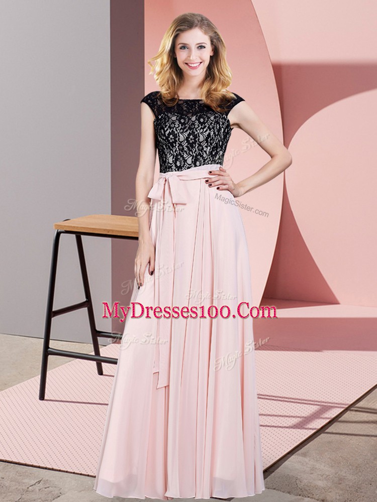 Comfortable Scoop Sleeveless Lace Up Prom Party Dress Baby Pink Chiffon