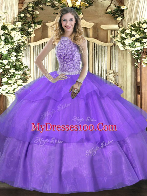 Lavender Sleeveless Tulle Lace Up 15 Quinceanera Dress for Military Ball and Sweet 16 and Quinceanera
