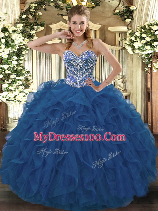 Sleeveless Floor Length Beading and Ruffled Layers Lace Up Sweet 16 Dresses with Blue