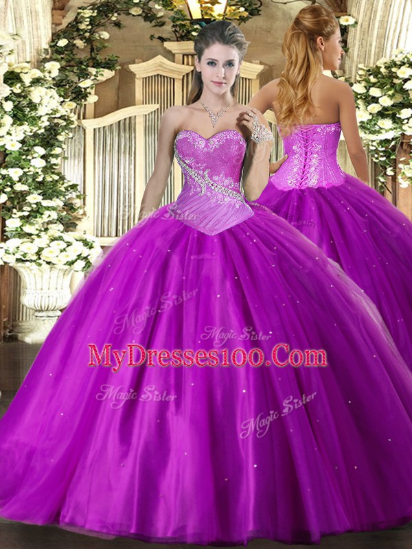 Fitting Purple Lace Up Sweetheart Beading Quinceanera Gown Tulle Sleeveless