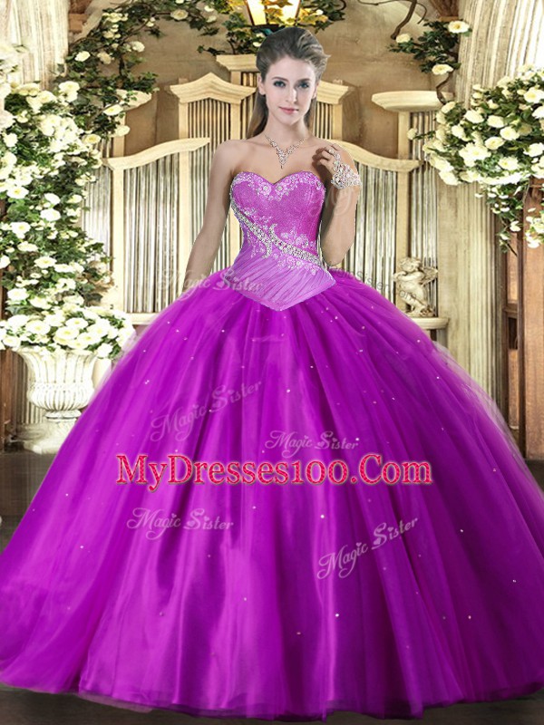 Fitting Purple Lace Up Sweetheart Beading Quinceanera Gown Tulle Sleeveless
