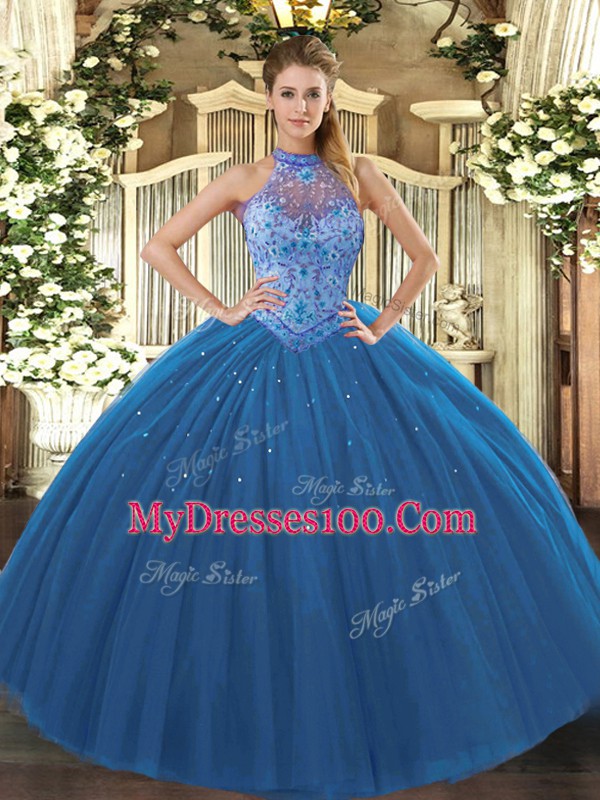 Hot Selling Halter Top Sleeveless Quince Ball Gowns Floor Length Beading and Embroidery Navy Blue Tulle