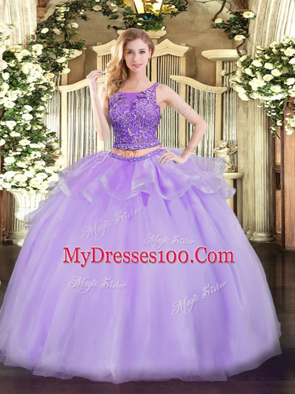 Shining Lavender Two Pieces Scoop Sleeveless Organza Floor Length Lace Up Beading Quinceanera Gown