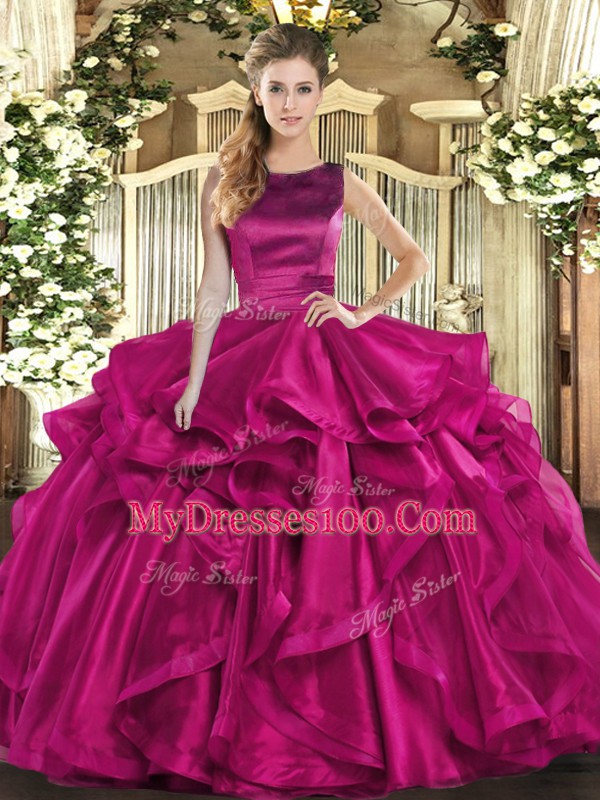 Designer Sleeveless Floor Length Ruffles Lace Up Quinceanera Dress with Fuchsia